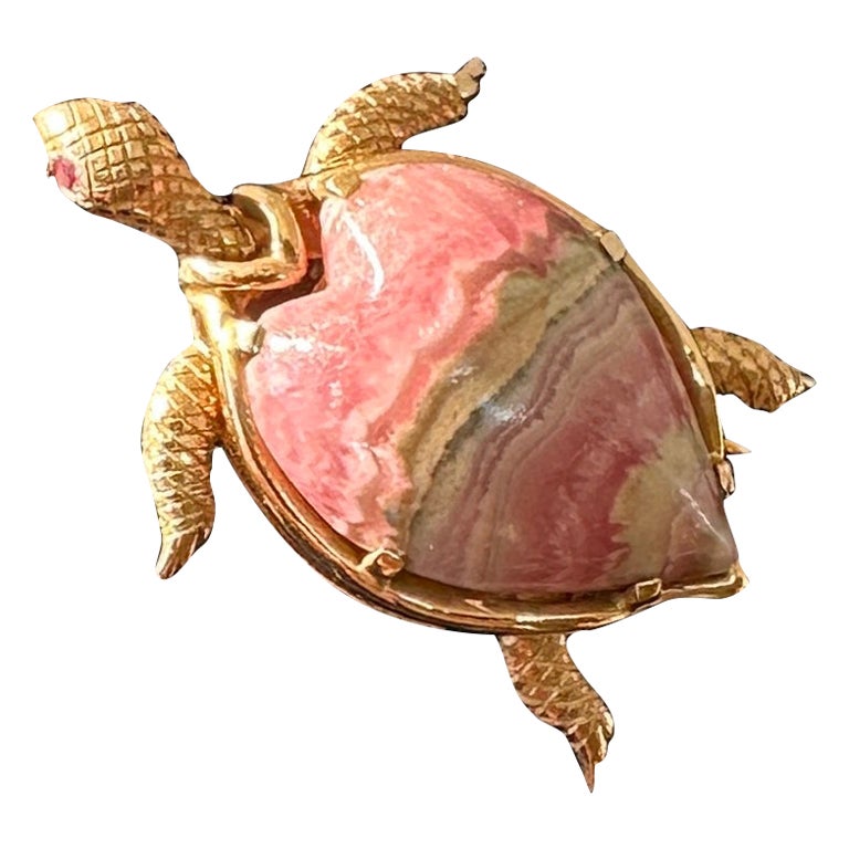 Schildkrötenbrosche Pin Rubin Rosa Rhodochrosite 14 Karat Gold Mary Lou Daves