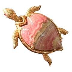 Turtle Tortoise Brooch Pin Ruby Pink Rhodochrosite 14 Karat Gold Mary Lou Daves