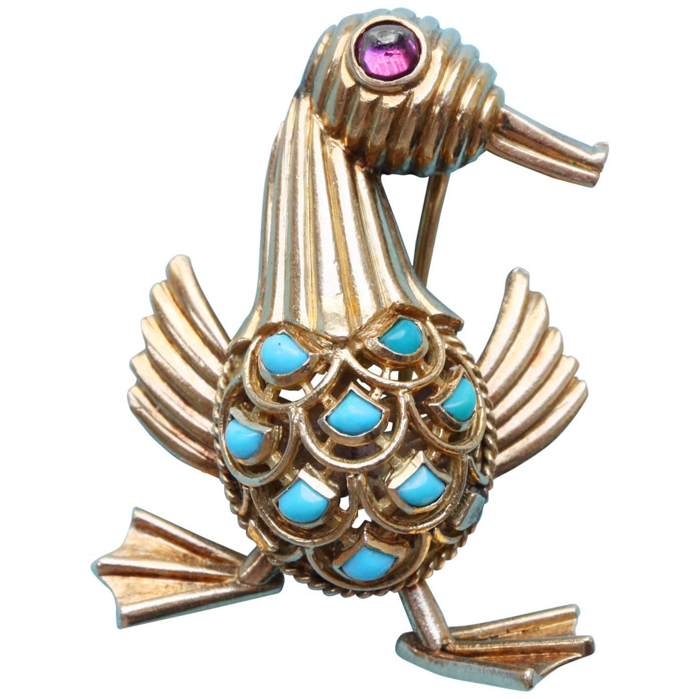 French Articulated Tourmaline Turquoise Gold Duck Brooch