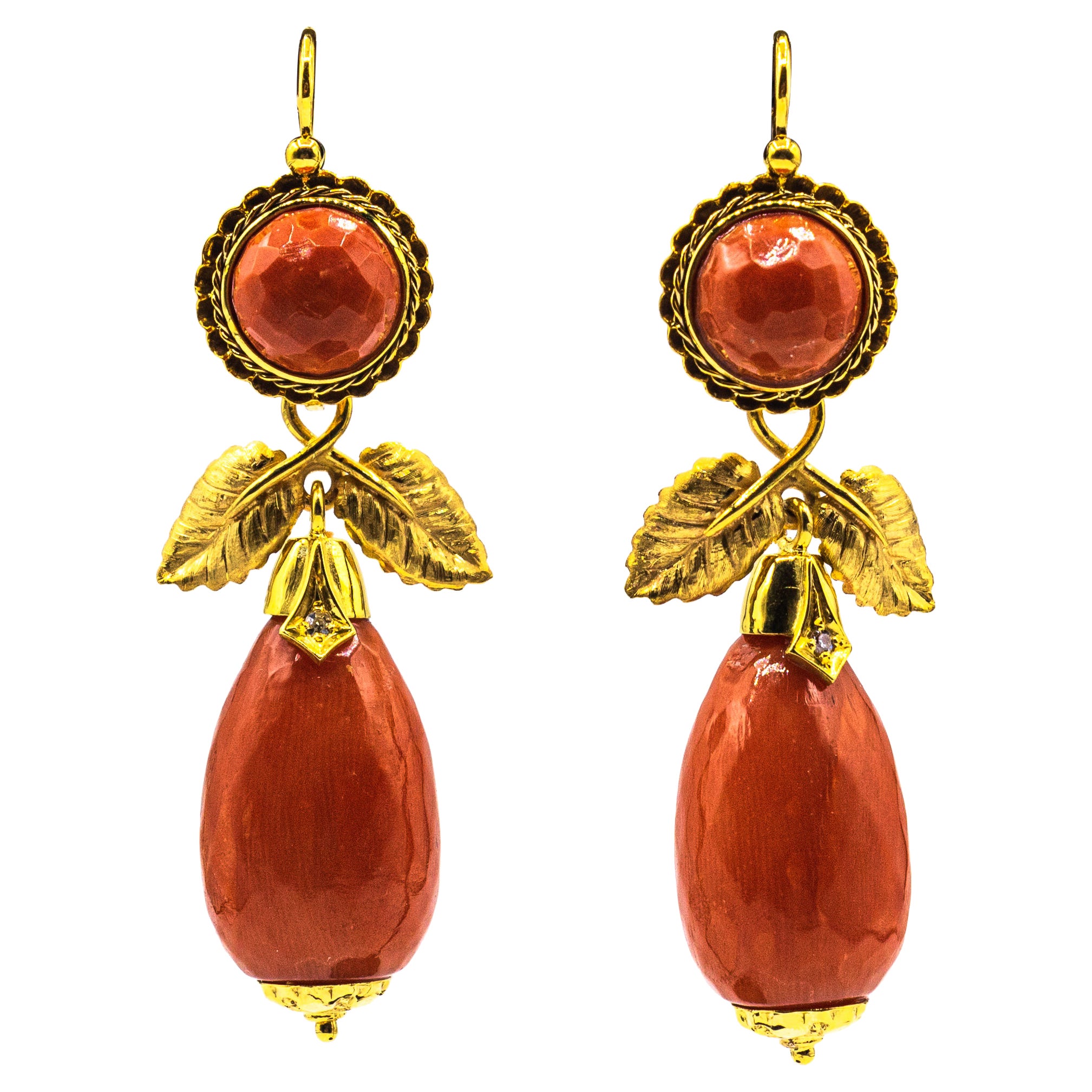 Art Nouveau Mediterranean Red Coral White Diamond Yellow Gold Drop Earrings