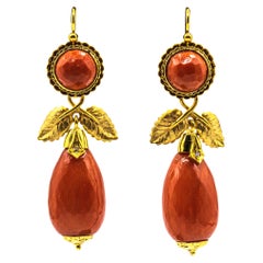 Art Nouveau Mediterranean Red Coral White Diamond Yellow Gold Drop Earrings
