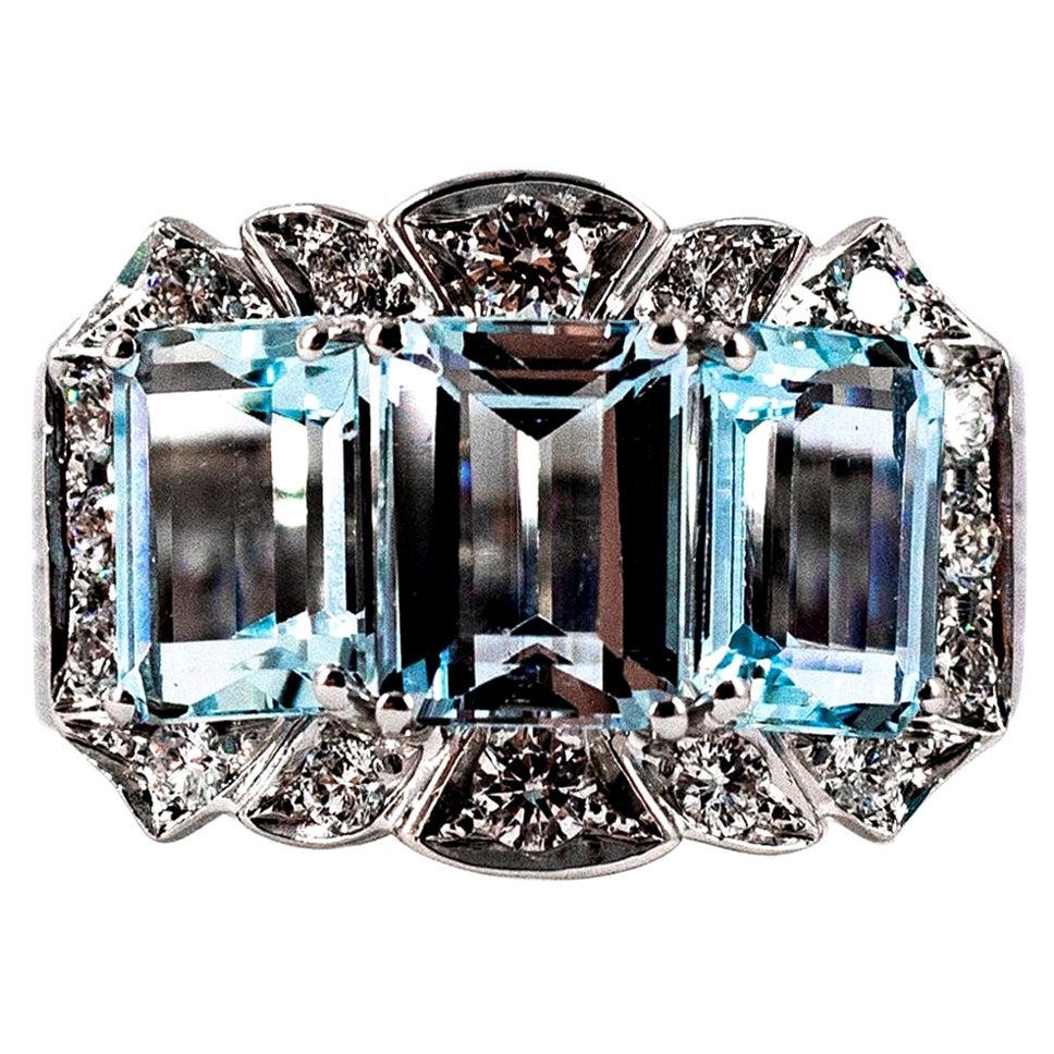 Art Deco Style 4.45 Carat White Diamond Aquamarine White Gold Cocktail Ring