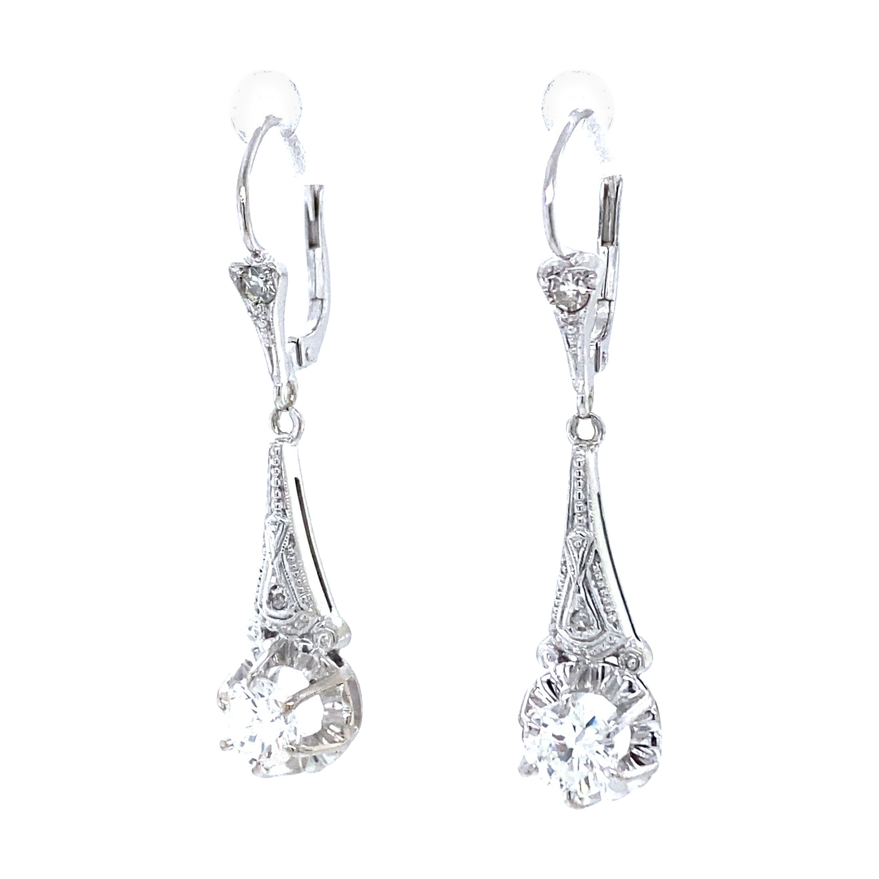 14k Diamond Hanging Earrings White Gold For Sale