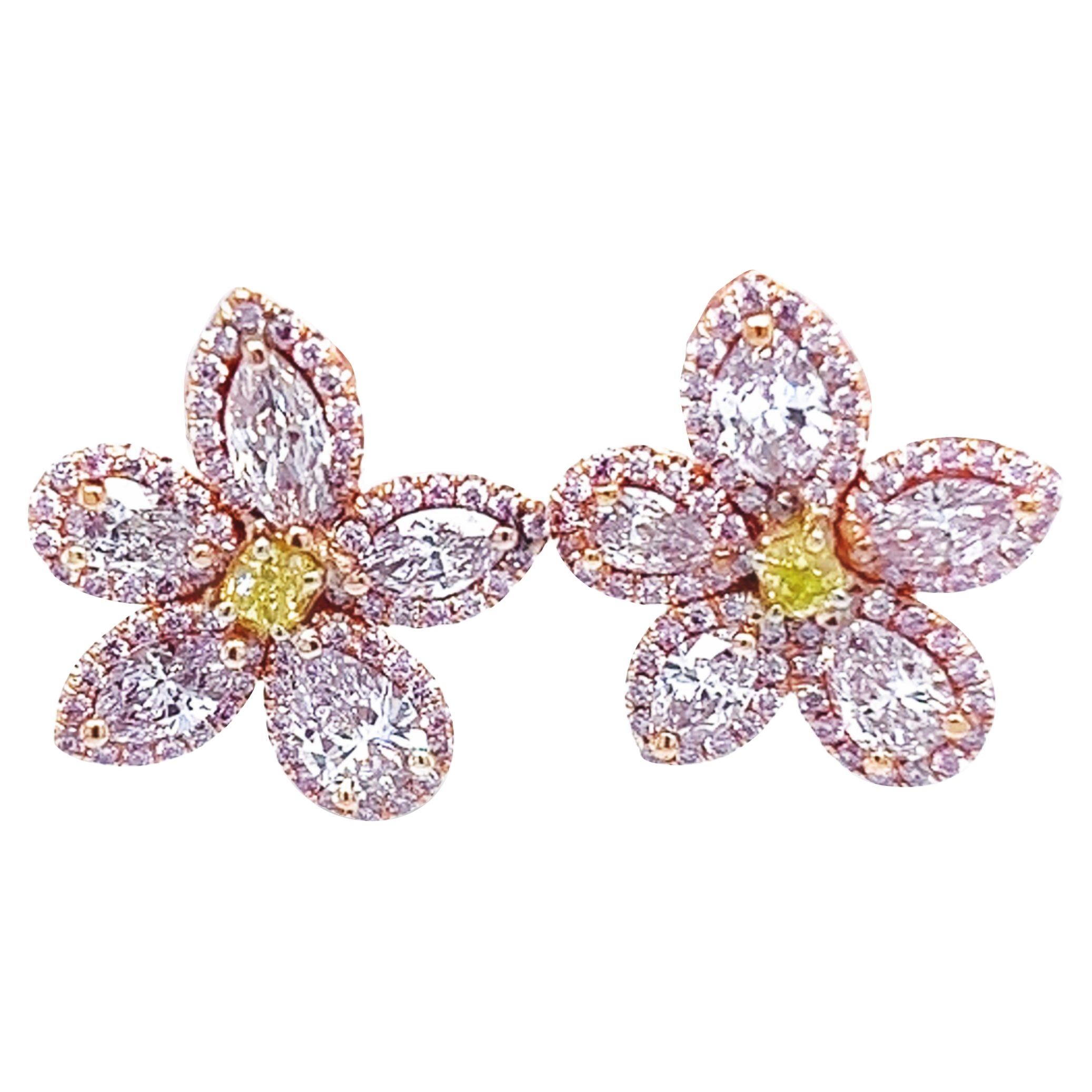 David Rosenberg 2.35 Carat Pink & Green GIA Flower Diamond Stud Earring For Sale