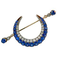 Victorian Sapphire Diamond Gold Crescent Brooch 4