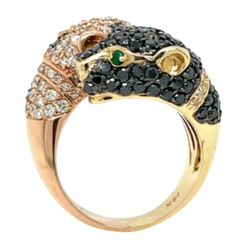 Panther 14K Yellow/Rose Gold, Diamond and Emerald Panther Ring For Sale