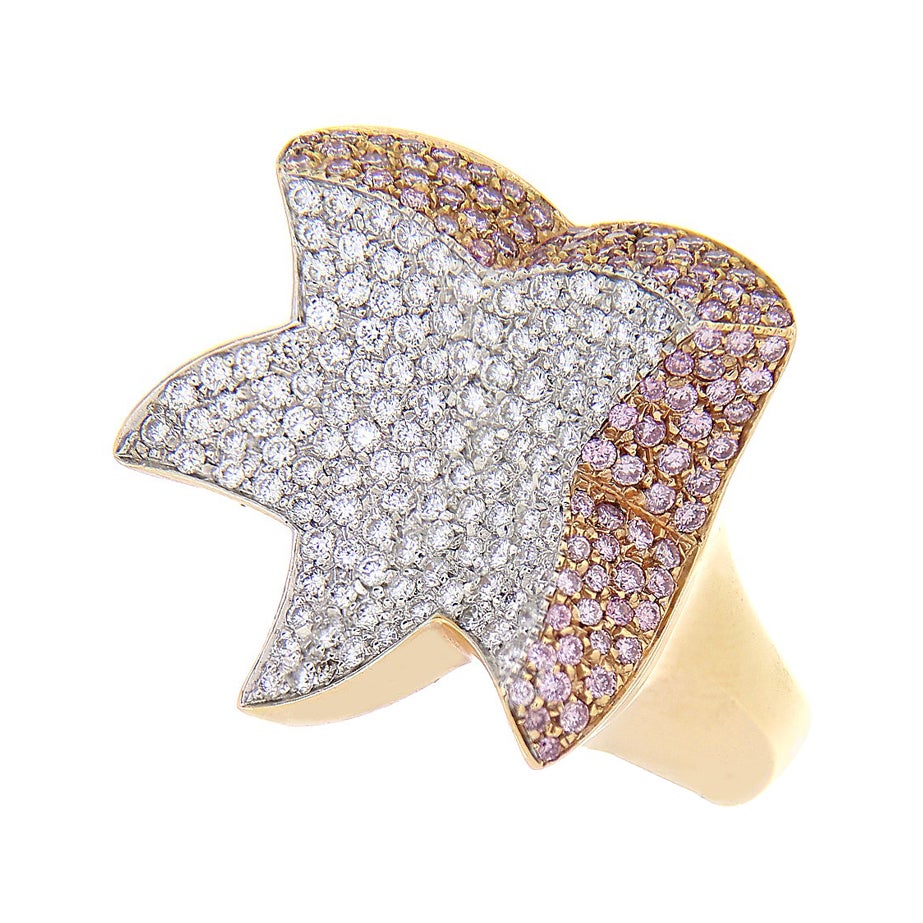 18Kt Rose Gold Star Ring 0,82 ct Weiße Diamanten 0,63 Fancy Pink Natürliche Diamanten