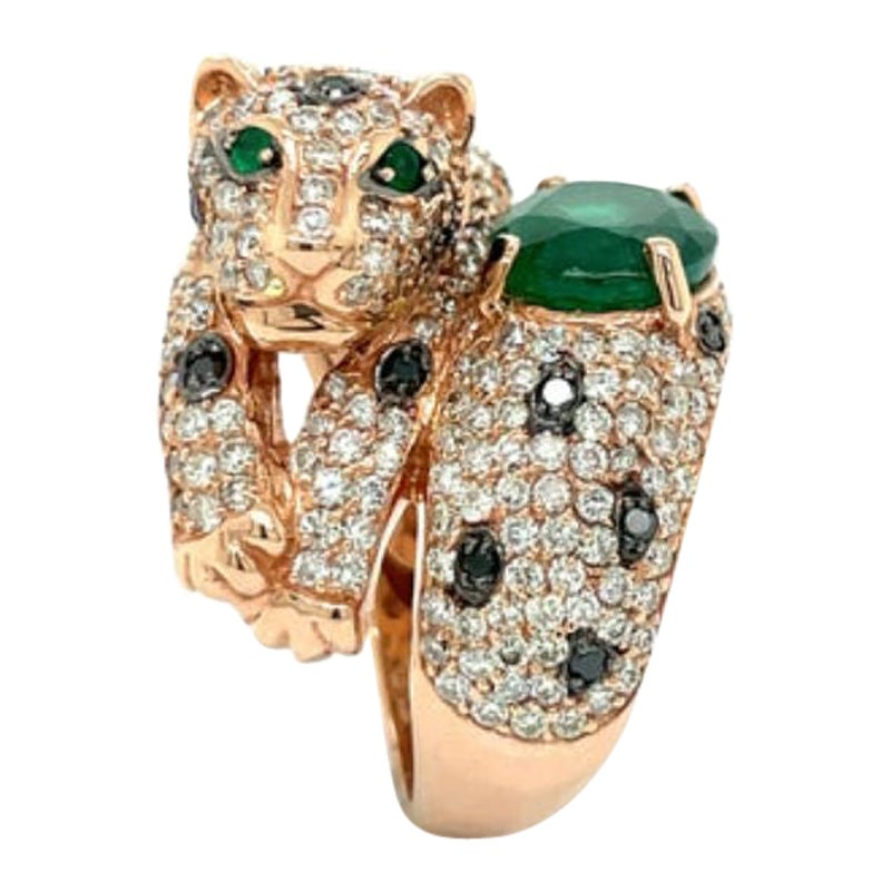 Panther 14K Rose Gold, Black and White Diamond and Emerald Panther Ring For Sale