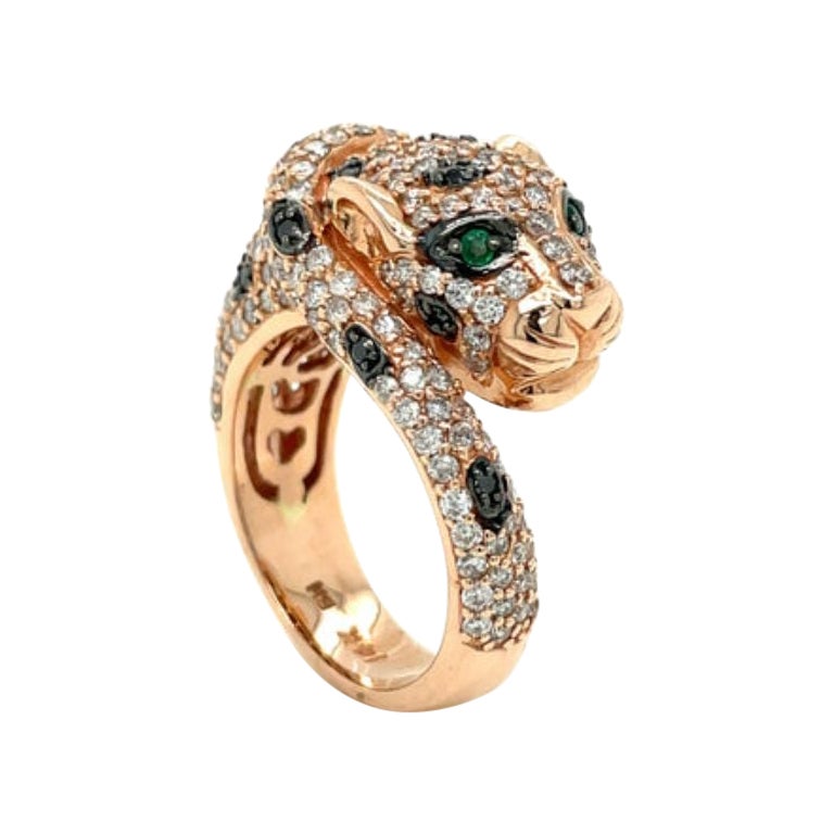 Effy 14K Rose Gold, Black and White Diamond, and Emerald Panther Ring For Sale