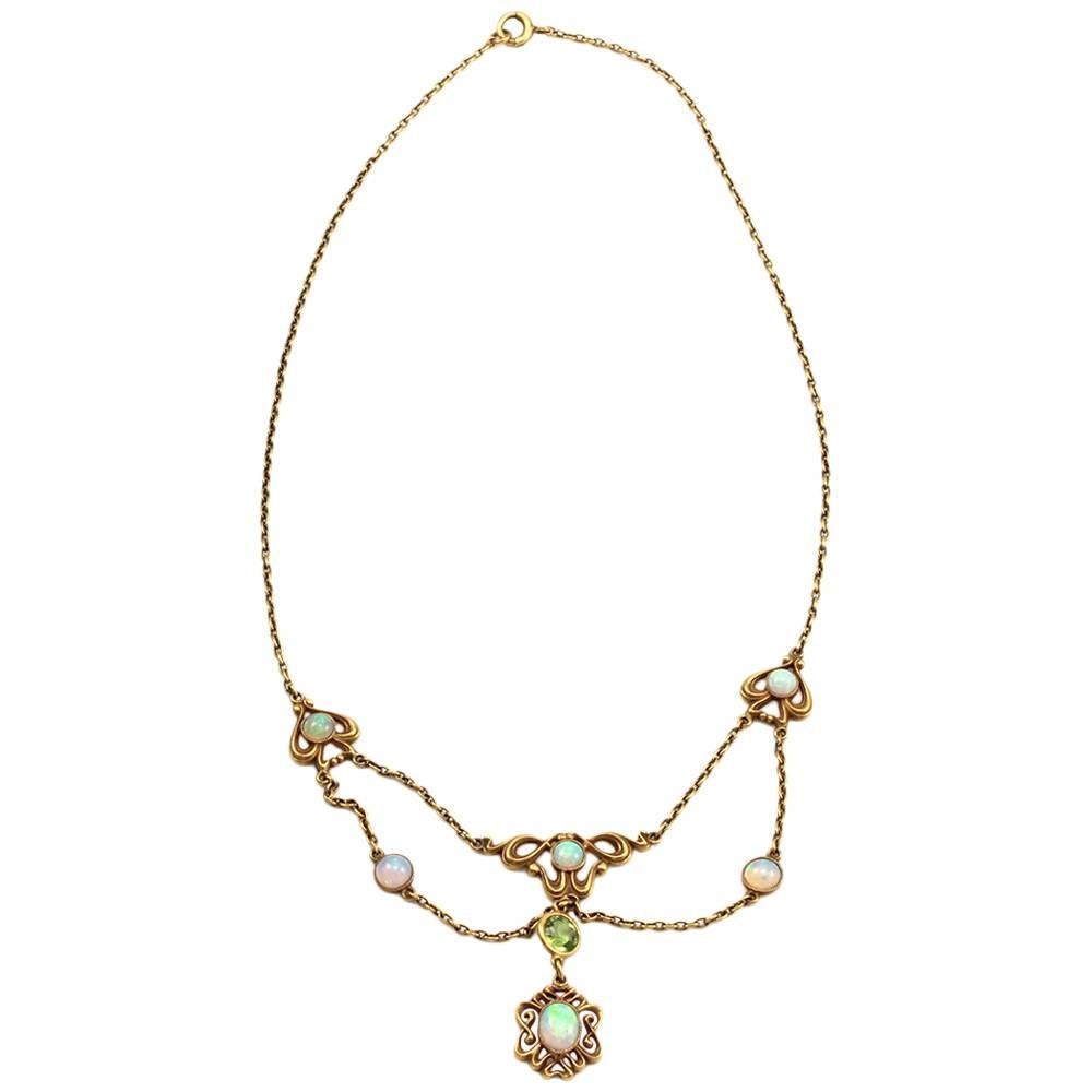Art Nouveau Opal Peridot Lavalier Necklace 
