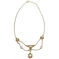 Antique Art Nouveau Opal Peridot Lavalier Necklace