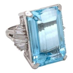 Vintage Estate 34.59 Carat Aquamarine And Diamond Platinum Ring