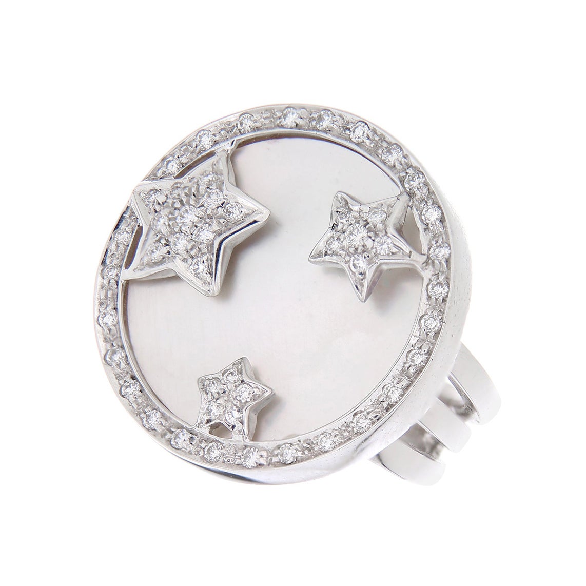 18Kt White Gold Stars Ring Pink Mother of Pearl White Brilliant Diamonds 0.42ct