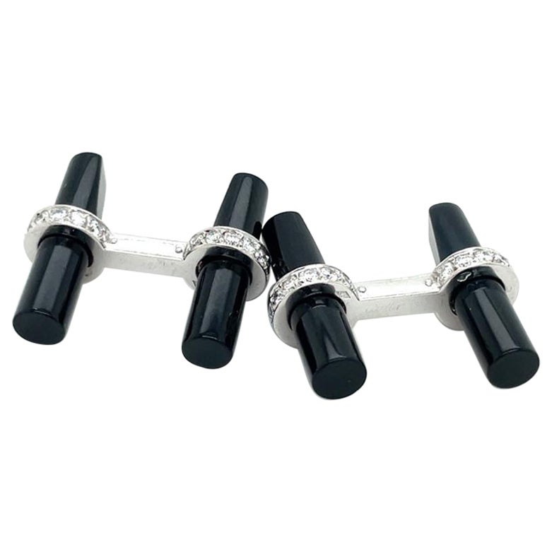 Cartier 18 Karat White Gold Onyx and Diamond T-Bar Cufflinks