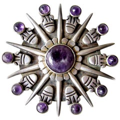 William Spratling Broche mexicaine moderniste en argent sterling avec améthyste en guise de soleil