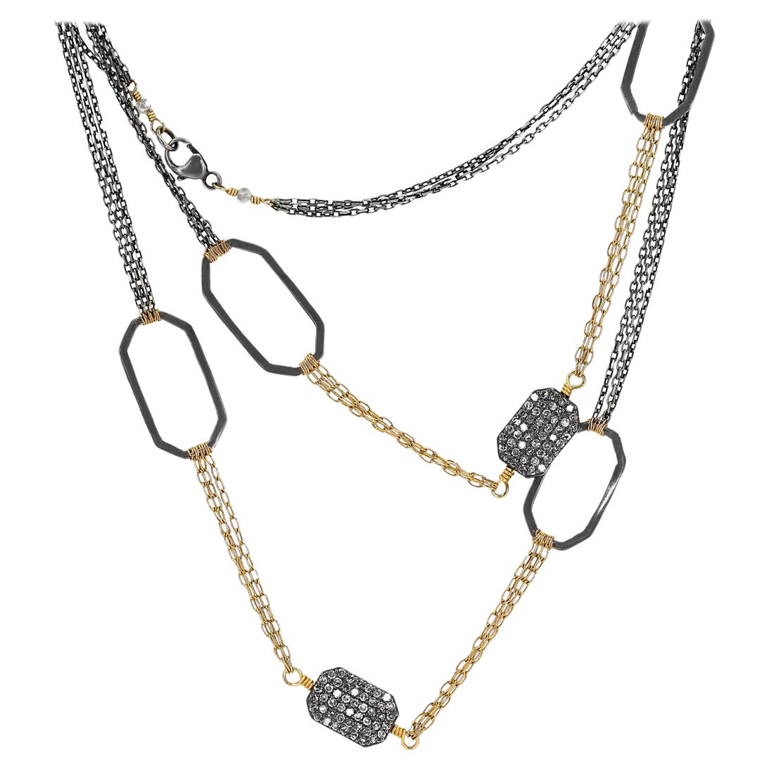 Diamond Octagons Hand-Spun Gold Oxidized Silver Long Chain Necklace, Dana Kellin