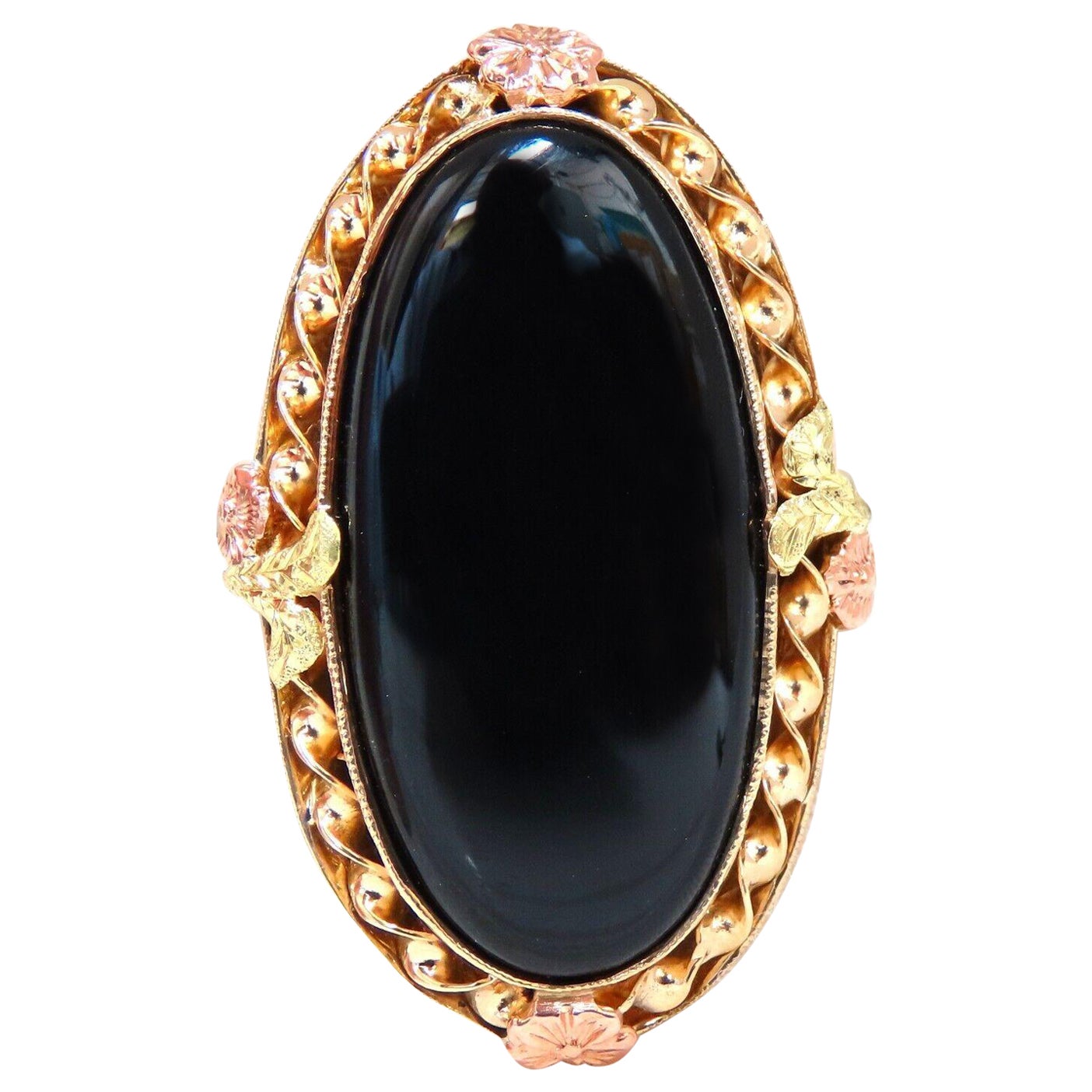 Natural Black Onyx Vintage Ring 14 Karat Gothic Deco For Sale