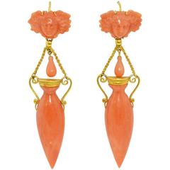 Antique Carved Coral Gold Etruscan Revival Drop Earrings