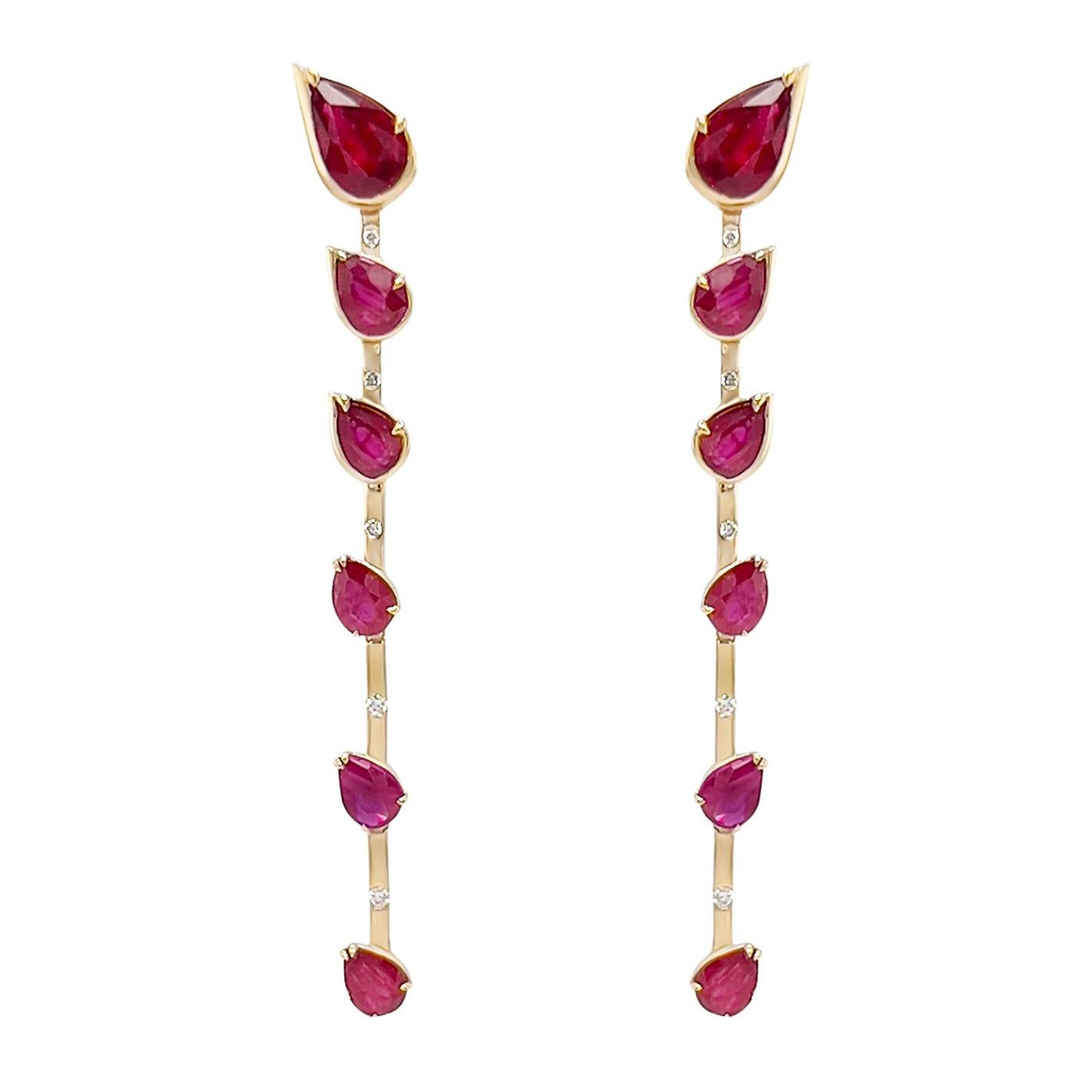Pear Shaped Ruby Dangle Earrings in 18k Yellow Gold For Sale