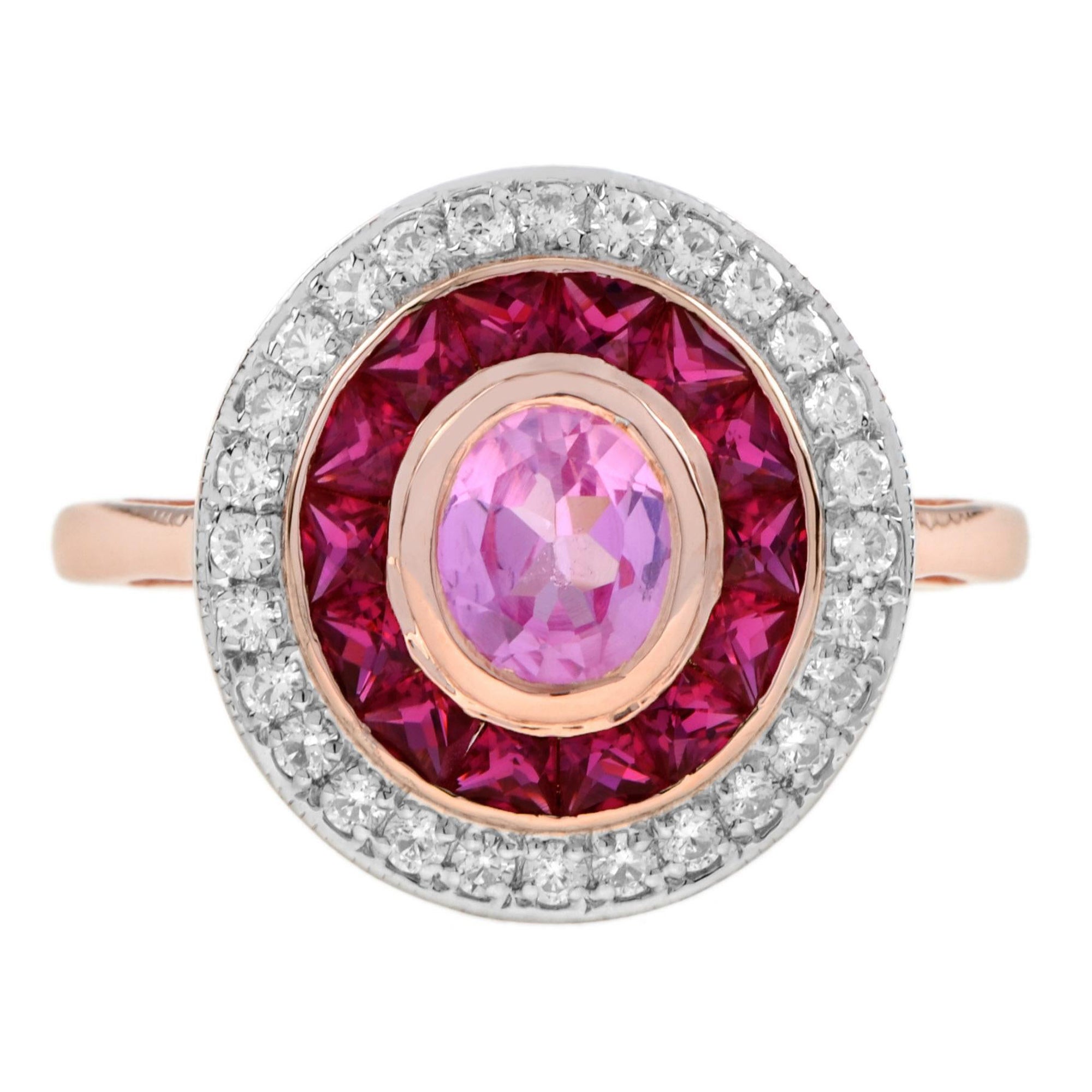 For Sale:  Pink Sapphire with Ruby Diamond Art Deco Style Halo Ring in 14k Two Tone Gold