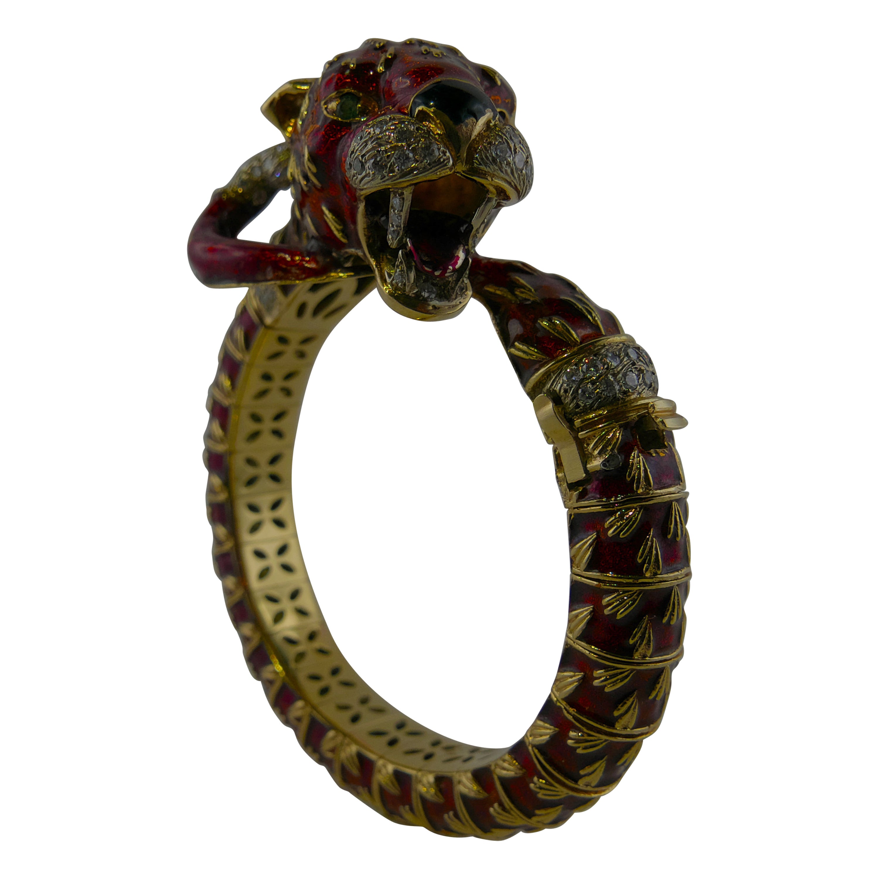 Antique Enamel Emerald Diamond Gold Entwined Snakes Bracelet For Sale