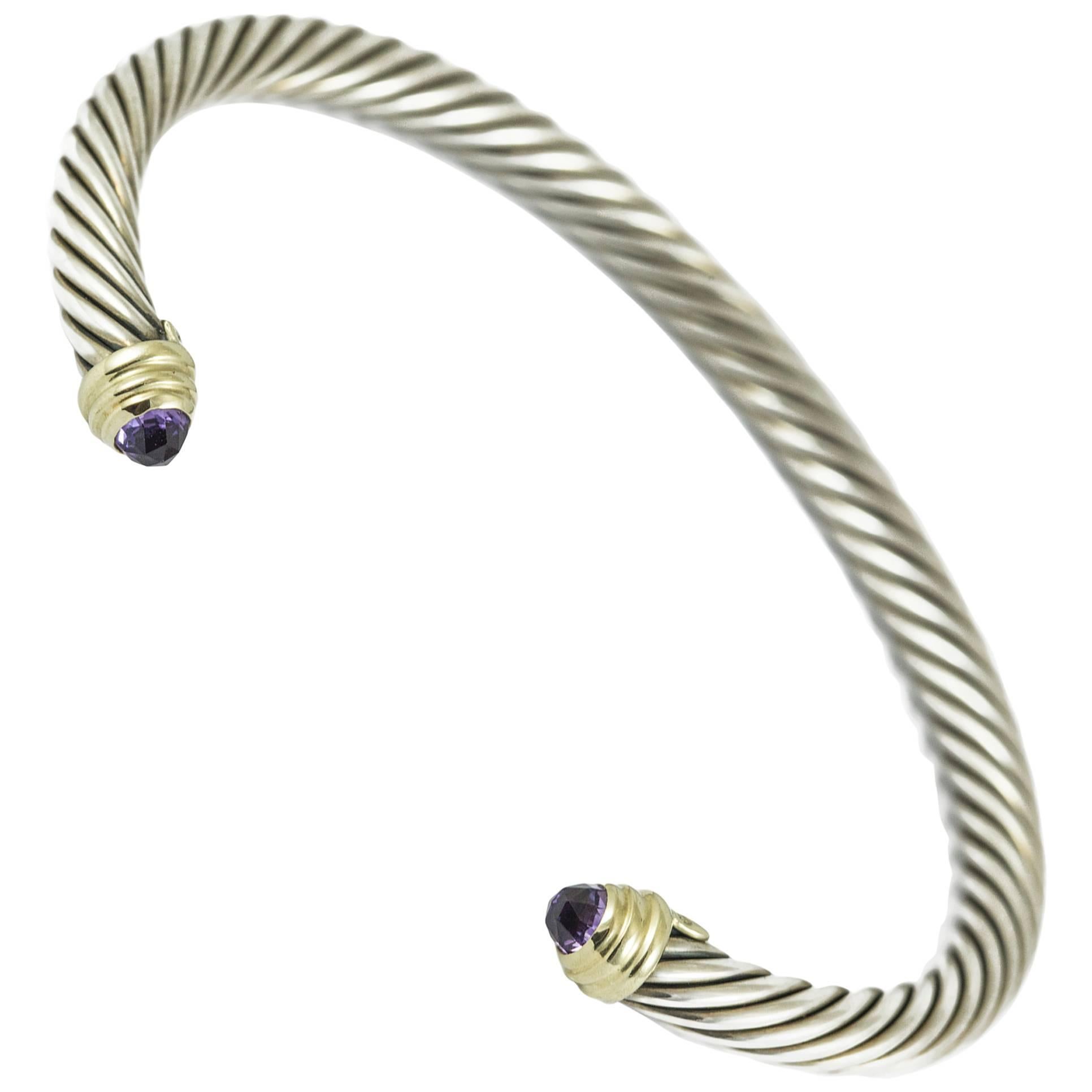 David Yurman Silver Gold and Amethyst Twisted Rope Bangle For Sale