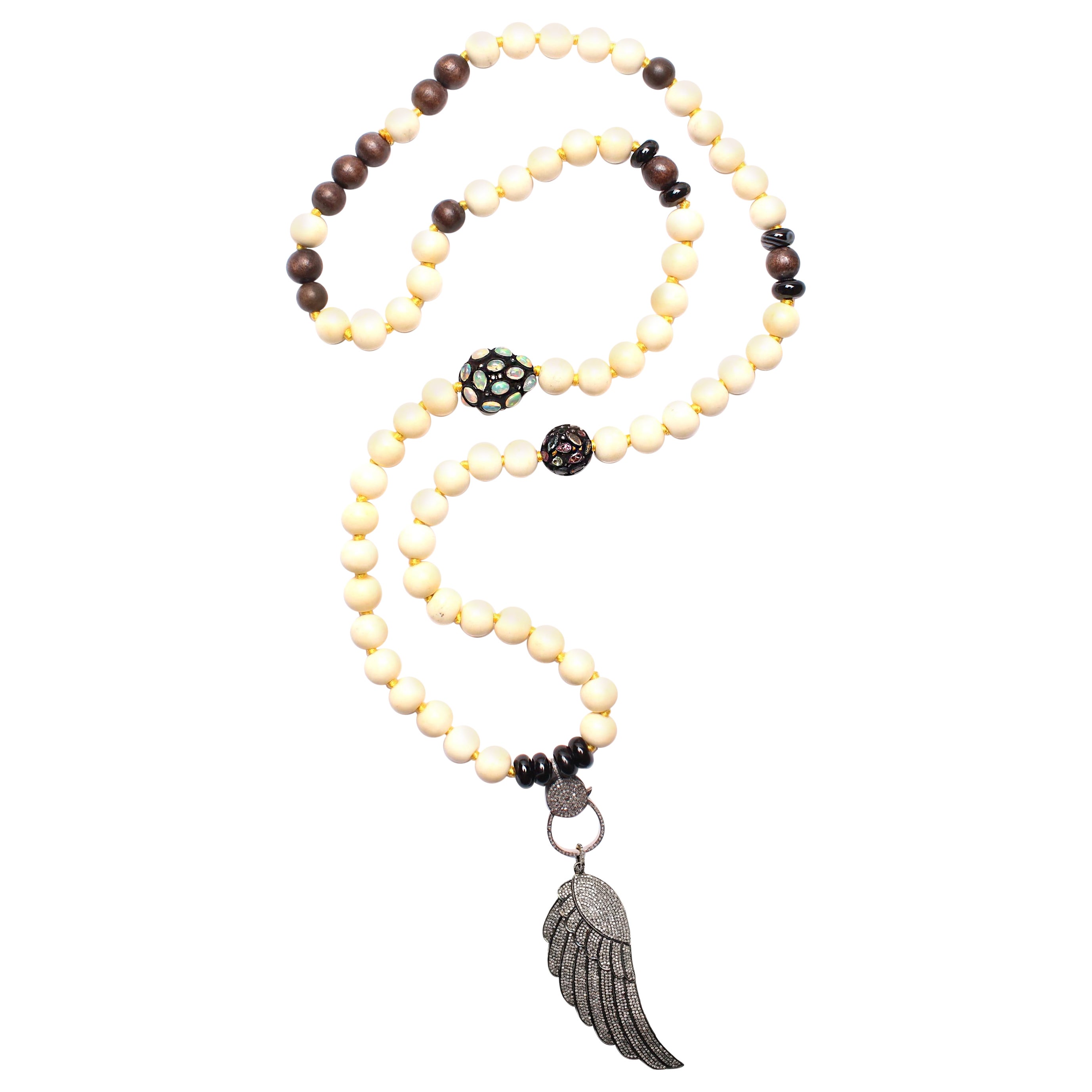 Clarissa Bronfman Bone Opal Tourmaline Beaded Necklace & Diamond Wing Pendant For Sale
