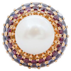 Vintage South-Sea Pearl, Topazs, Tourmaline, Iolite, Diamonds, 14 Karat Rose Gold Ring