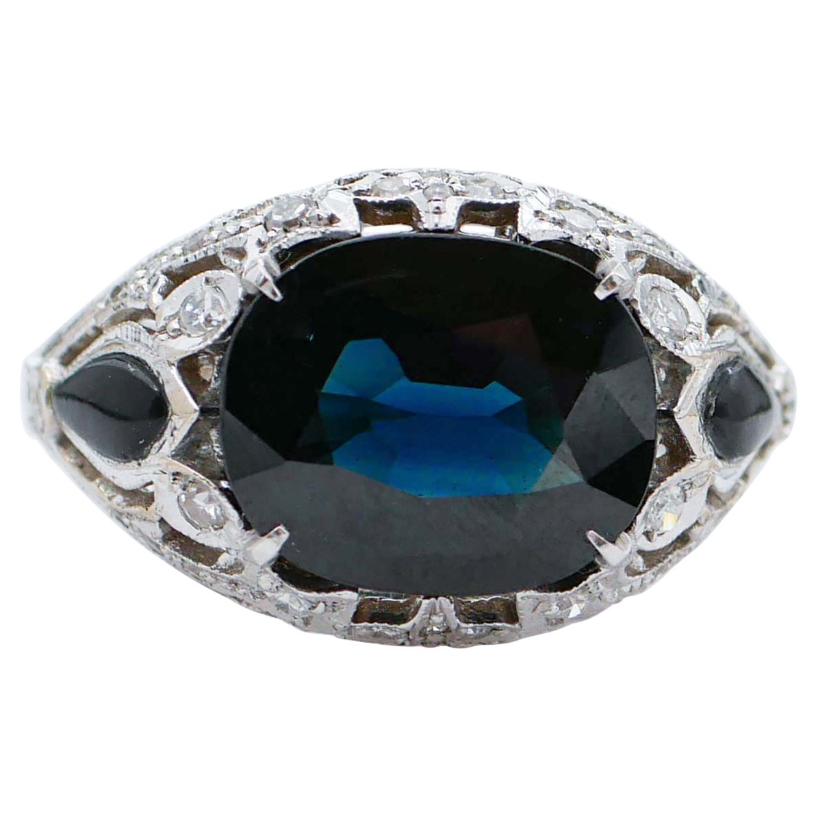 Sapphire, Onyx, Diamonds, 14 Karat White Gold Retrò Ring For Sale