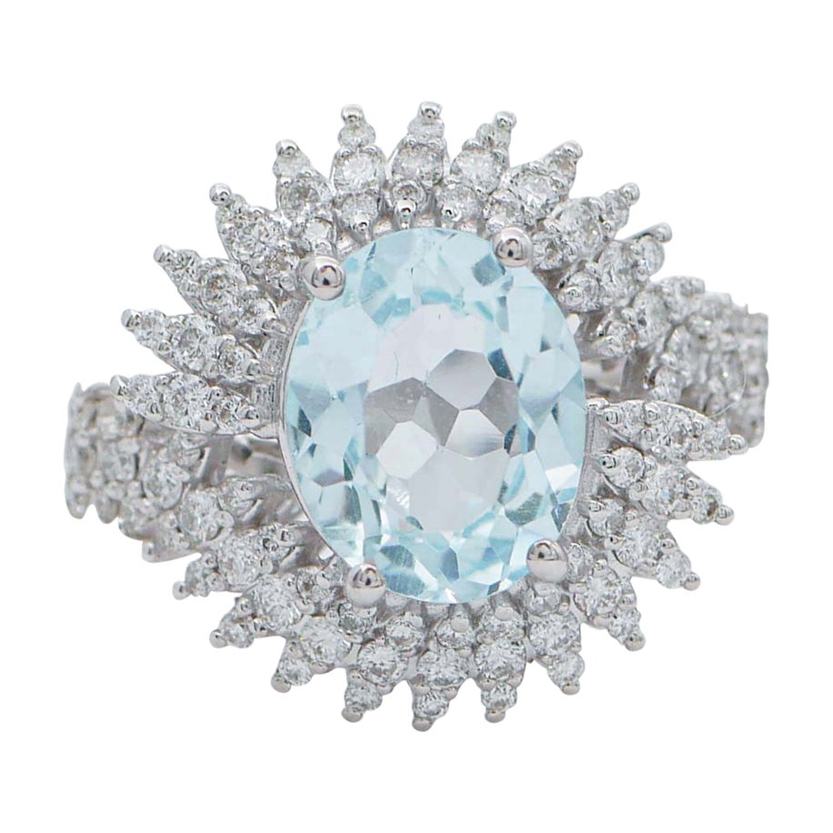 Aquamarine Colour Topaz, Diamonds, 18 Karat White Gold Modern Ring For Sale