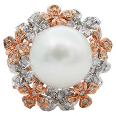 Retro Pearl, Diamonds, 14 Karat White Gold and Rose Gold Cluster Ring