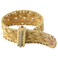 Mid-20th Century Braided Yellow Gold and Diamond Buckle Bracelet