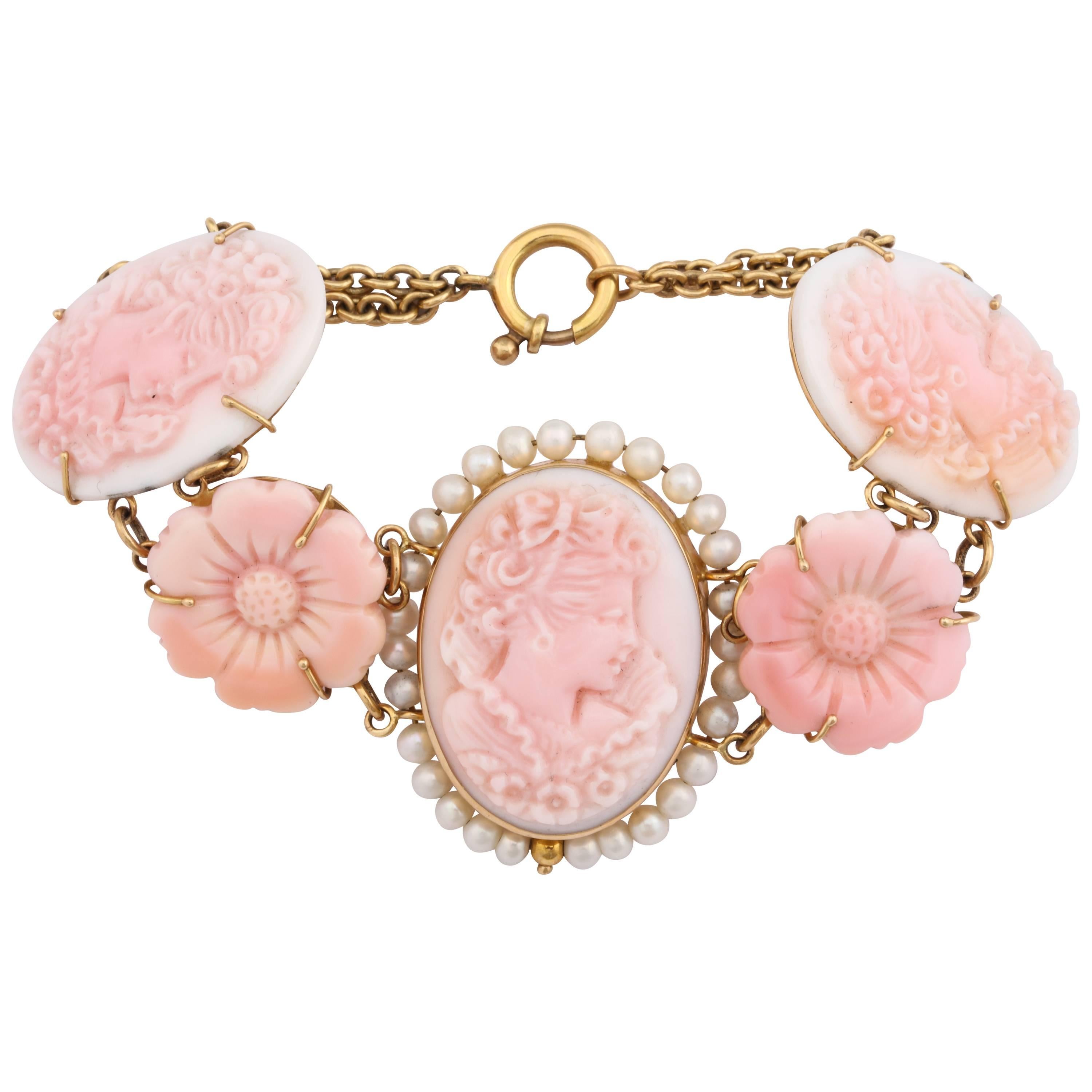 Amedeo "Rosa Bella" Cameo Pearl Gold Bracelet For Sale