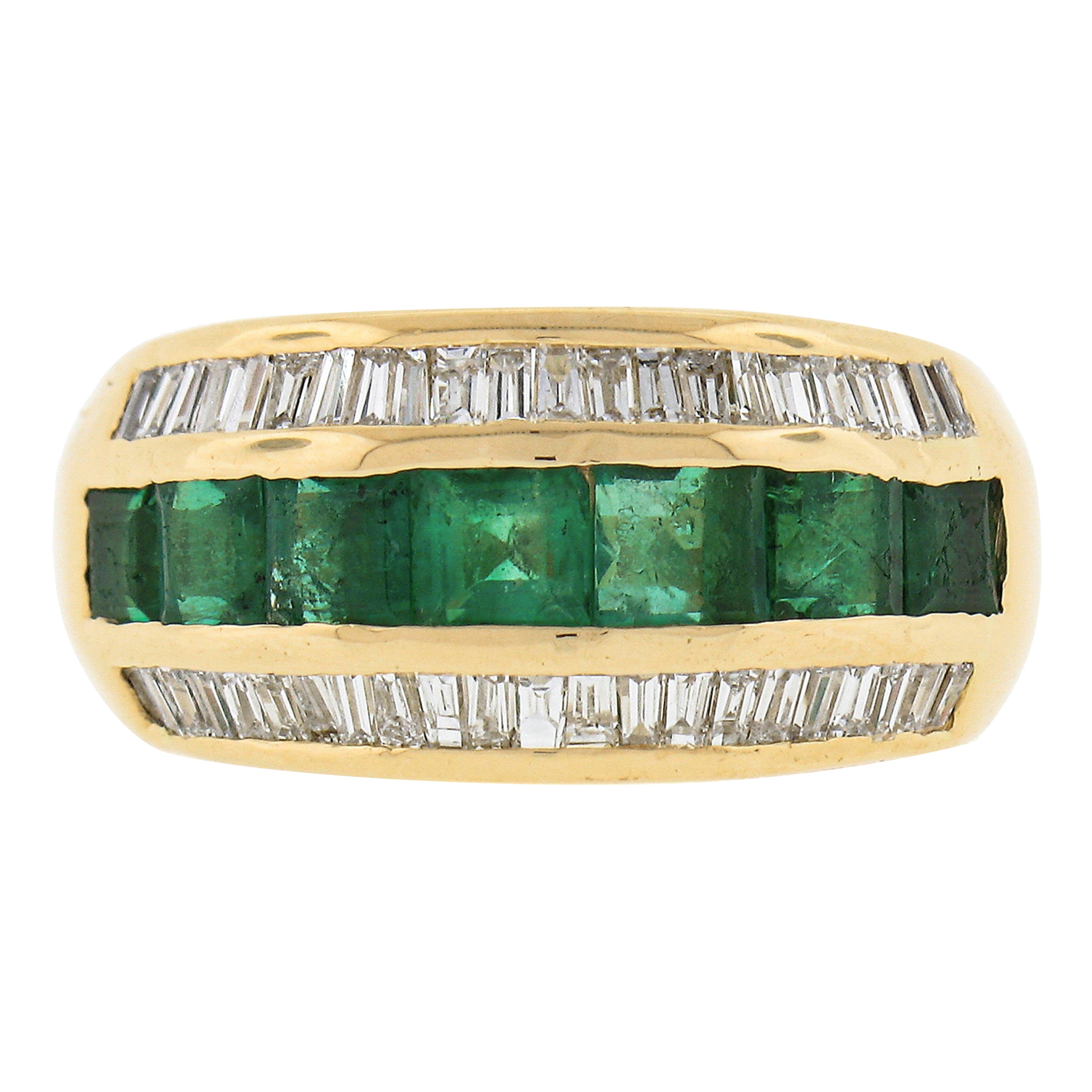 18k Gold 2.40ctw Square Step Cut Emerald W/ Diamond Wide Statement Band Ring For Sale