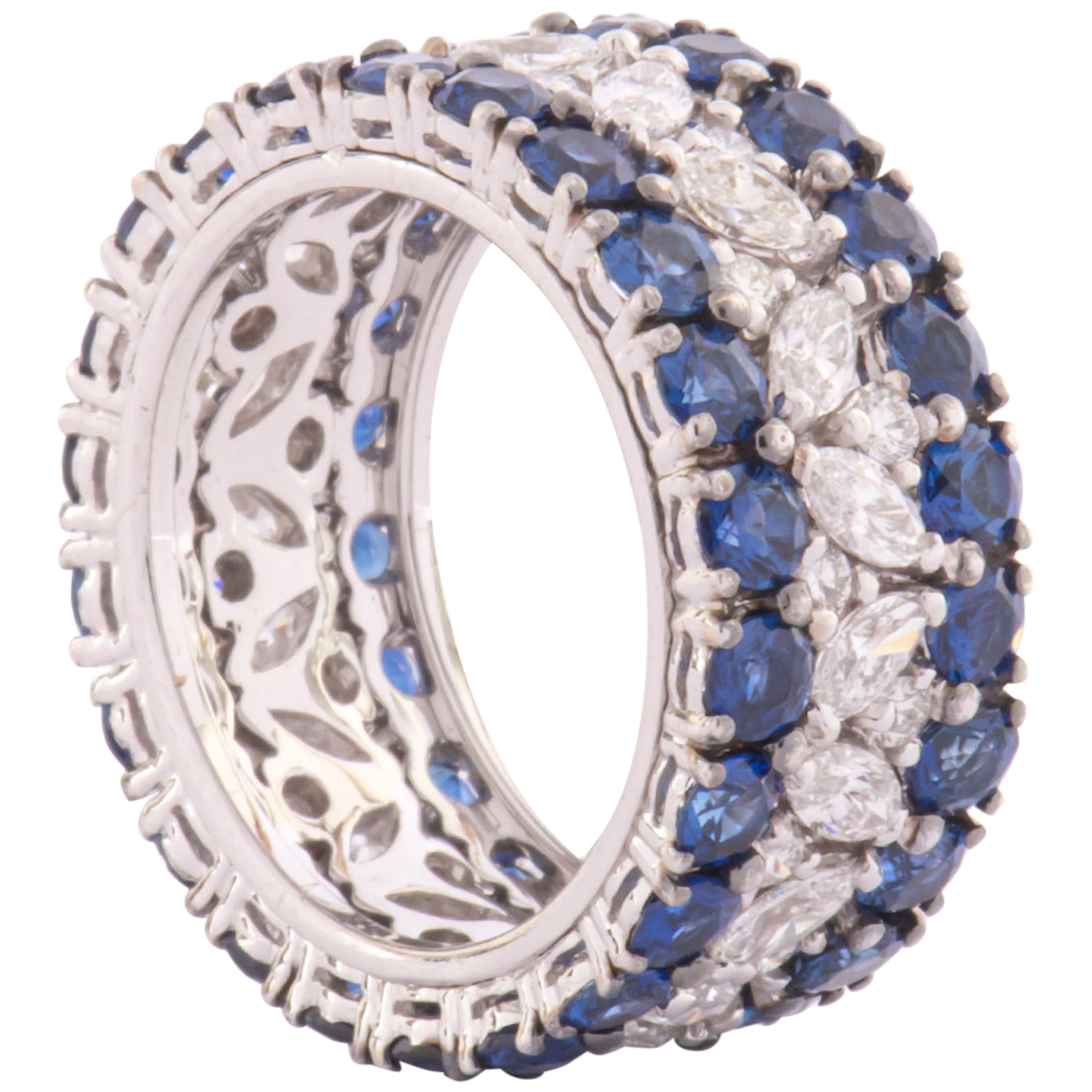 18 Karat White Gold, Diamonds and Sapphires Band Ring For Sale