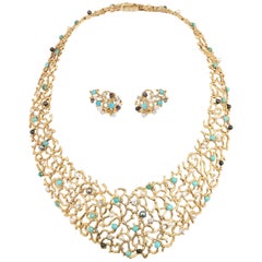 Gilbert Albert Collier en or jaune 18 carats avec demi-set de turquoises, diamants et perles