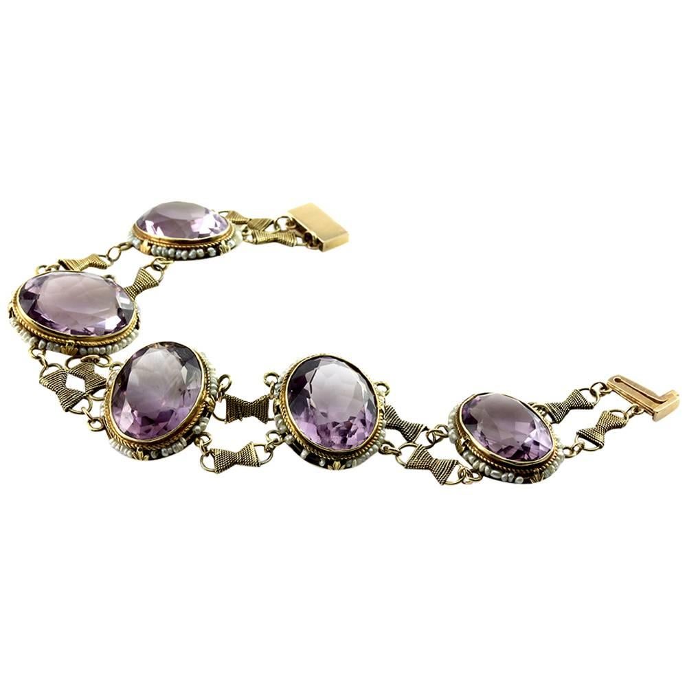 Victorian Amethyst  Seed Pearl Halo Link Bracelet  For Sale