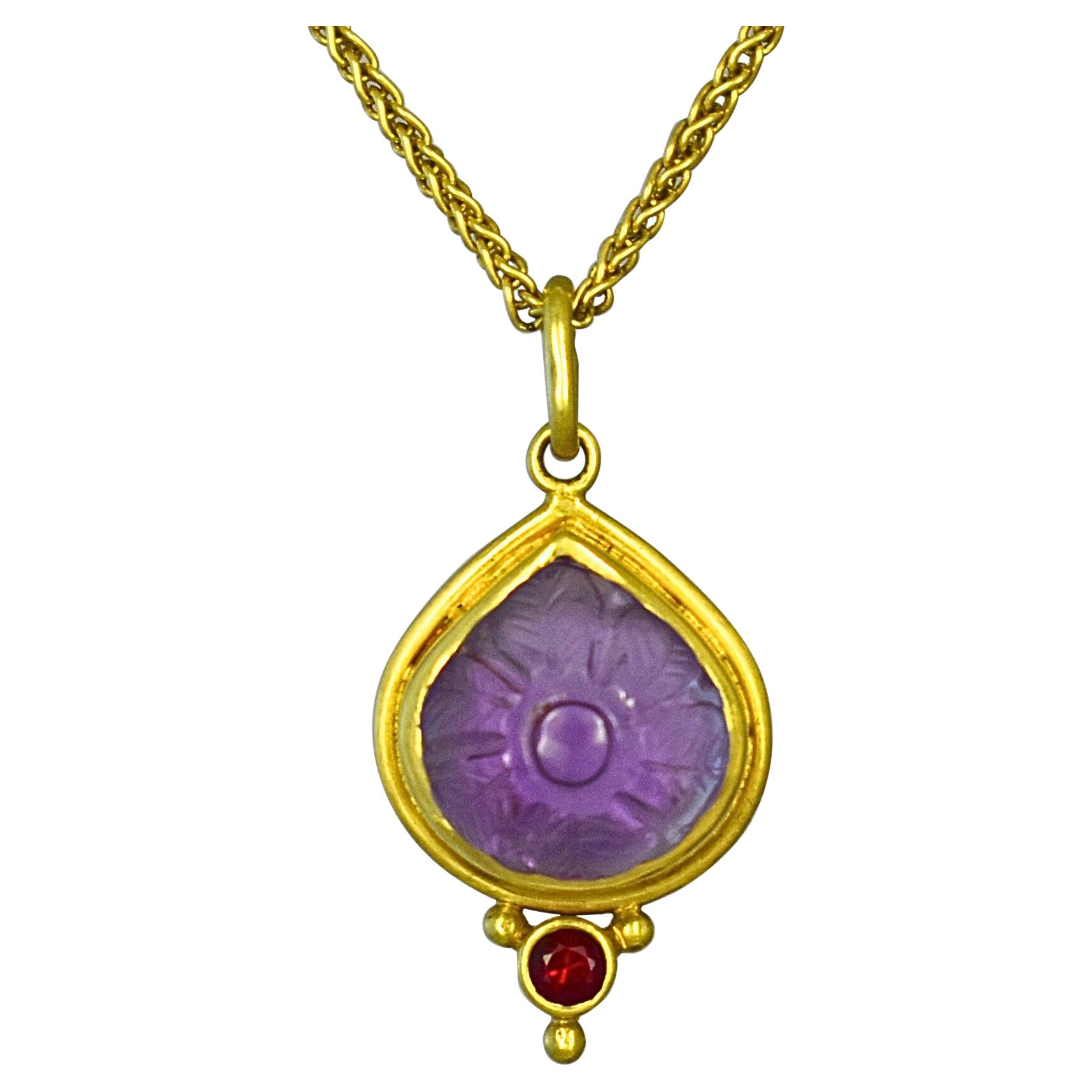 Handgefertigter geschnitzter Amethyst-Rubin-Anhänger, Lynn Kathyrn Miller, Lynn K Designs