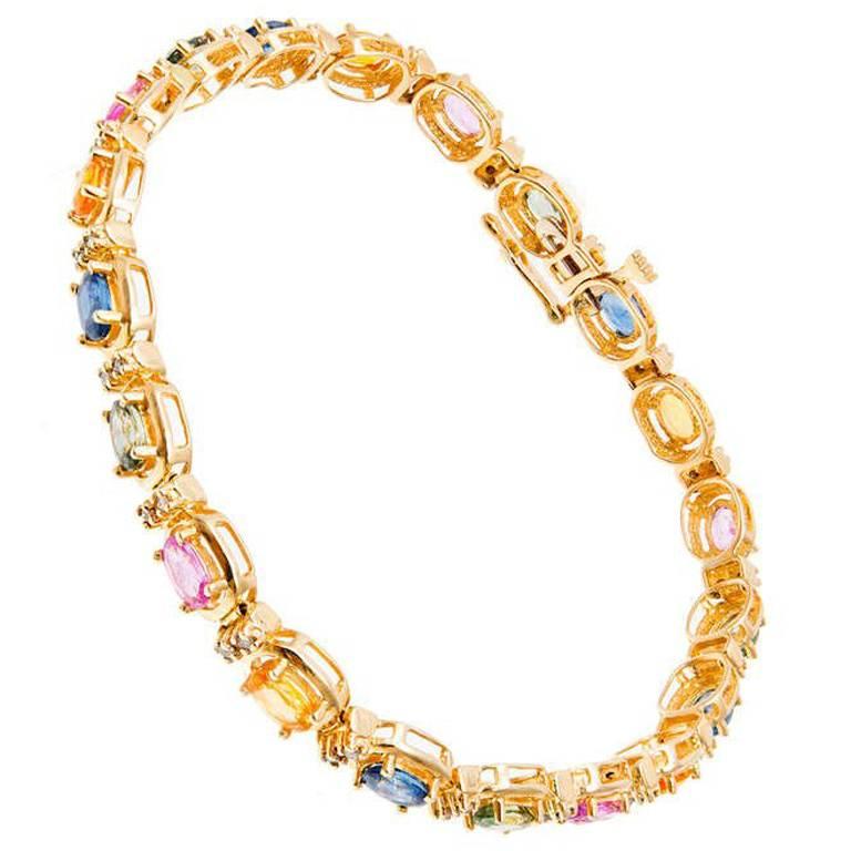 7.00 Carat Multi-Colored Oval Sapphire  Round Diamond Gold Tennis Bracelet
