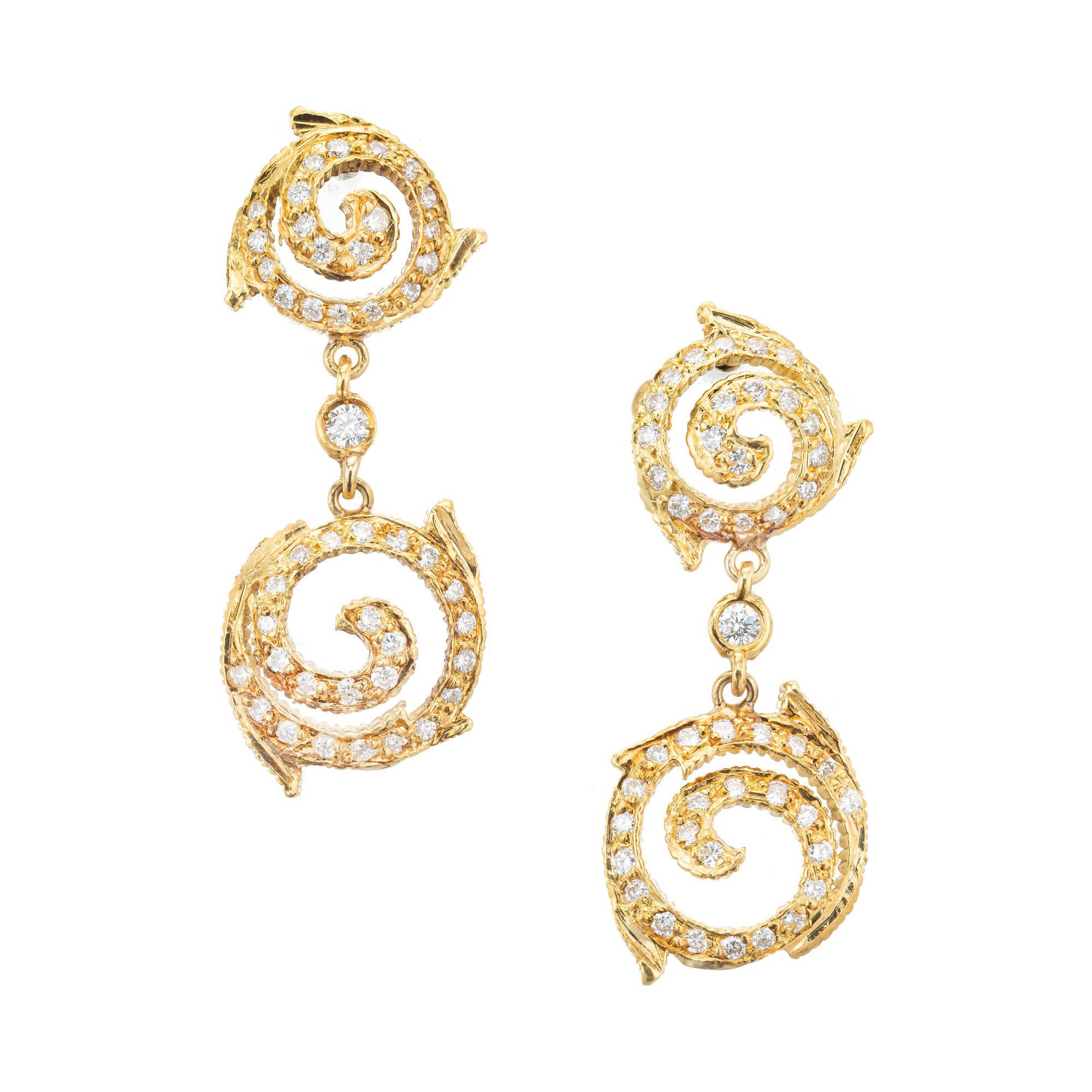 Doris Panos .90 Carat Pave Diamond Gold Swirl Dangle Earrings