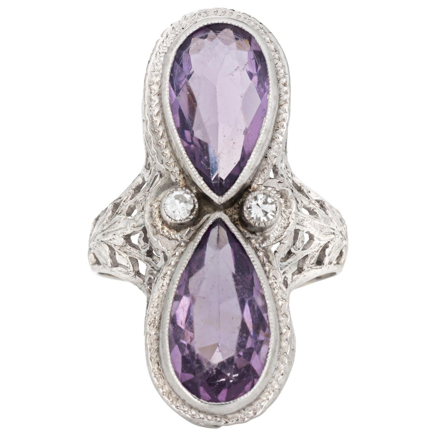 Vintage Art Deco Amethyst Diamond Ring Filigree 14k White Gold Elongated Pear 4 For Sale