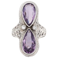 Antique Art Deco Amethyst Diamond Ring Filigree 14k White Gold Elongated Pear 4