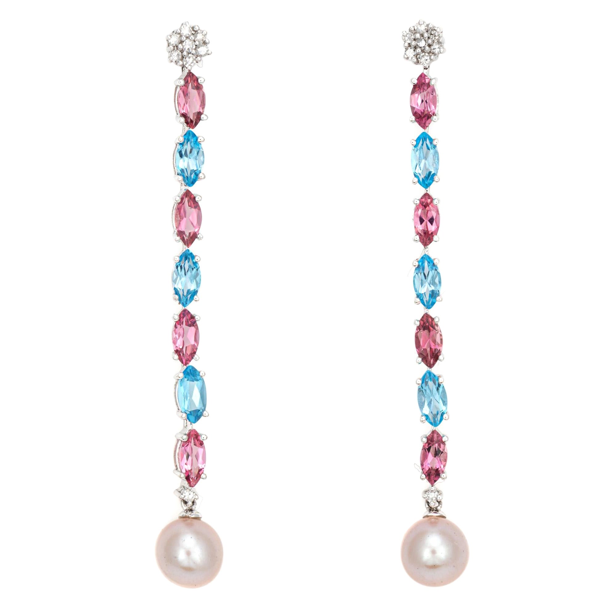 Pink & Blue Topaz Long Drop Earrings Pearl Diamond Estate 14k White Gold For Sale