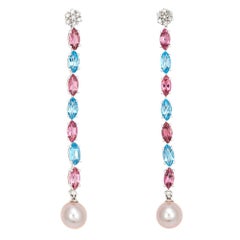 Retro Pink & Blue Topaz Long Drop Earrings Pearl Diamond Estate 14k White Gold