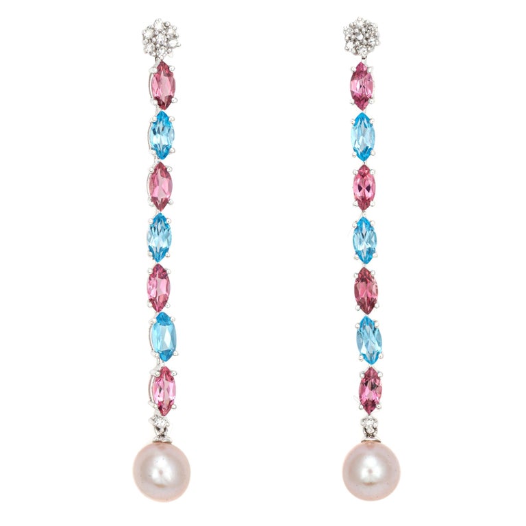 Pink and Blue Topaz Long Drop Earrings Pearl Diamond Estate 14k White