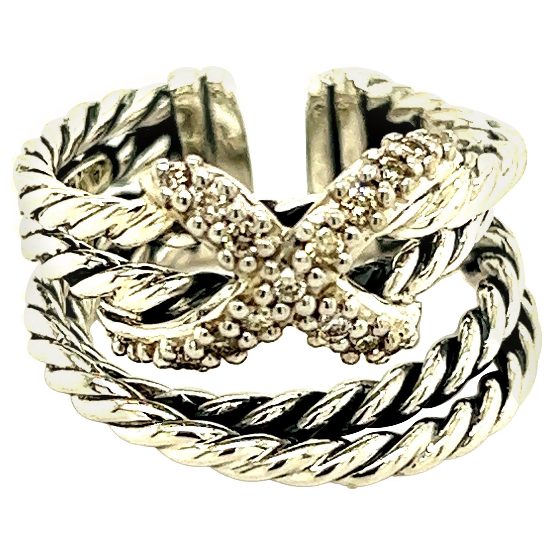 David Yurman Authentic Estate Expandable X Crossover Diamond Ring 6 Silver For Sale