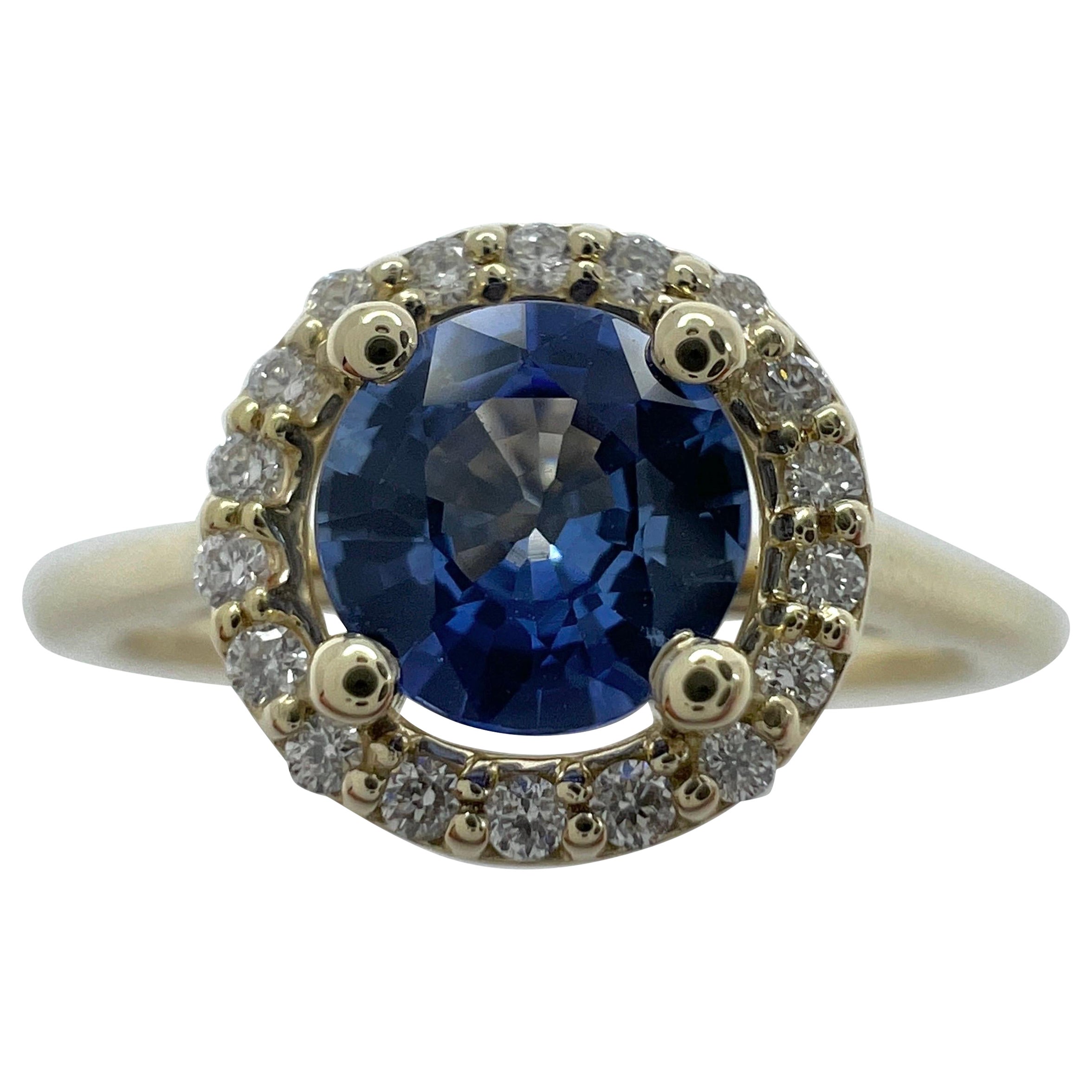 Vivid Bright Blue Ceylon Sapphire & Diamond Round Cut 18k Yellow Gold Halo Ring For Sale