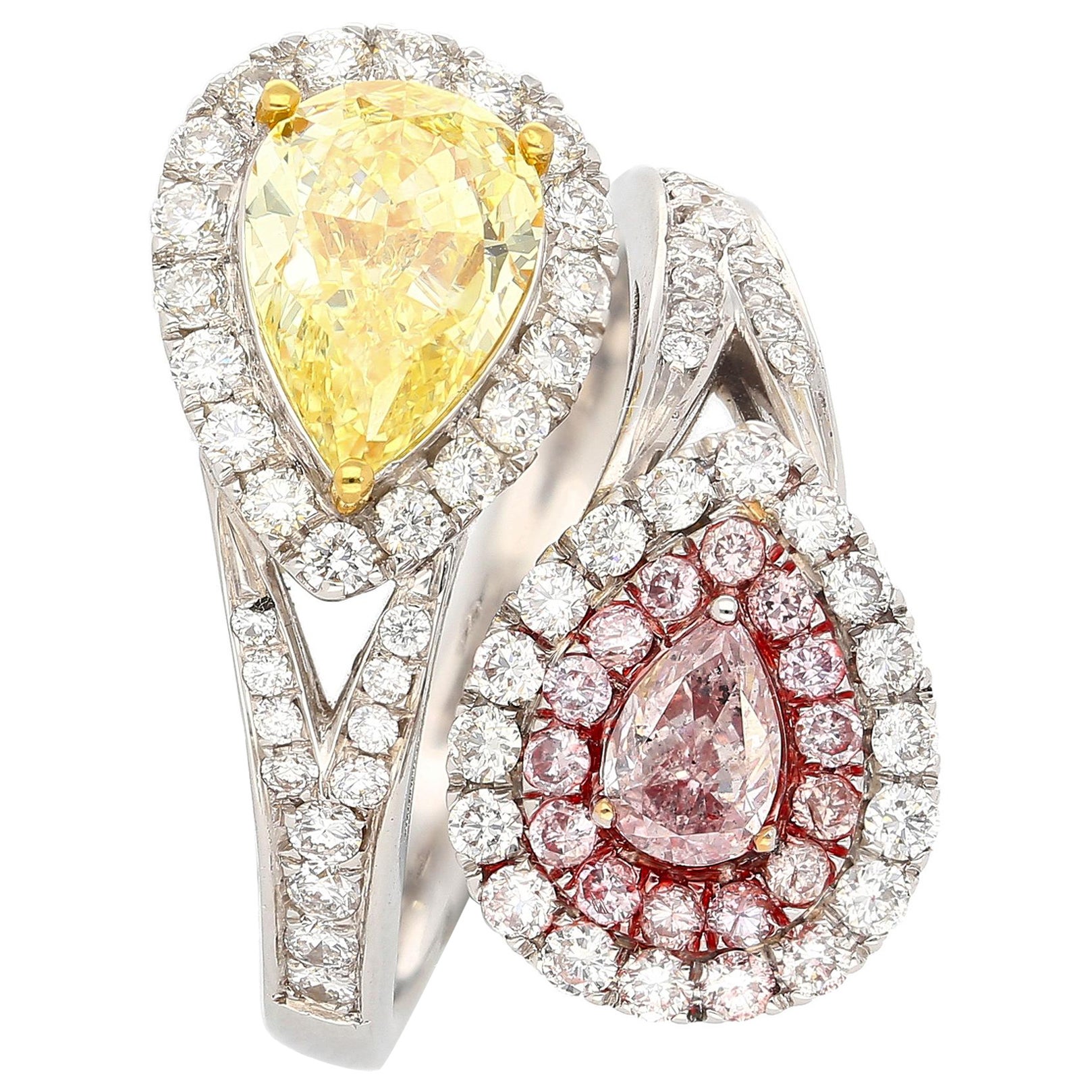 GIA Certified Fancy Intense Yellow & Fancy Light Pink Diamond Toi Et Moi Ring