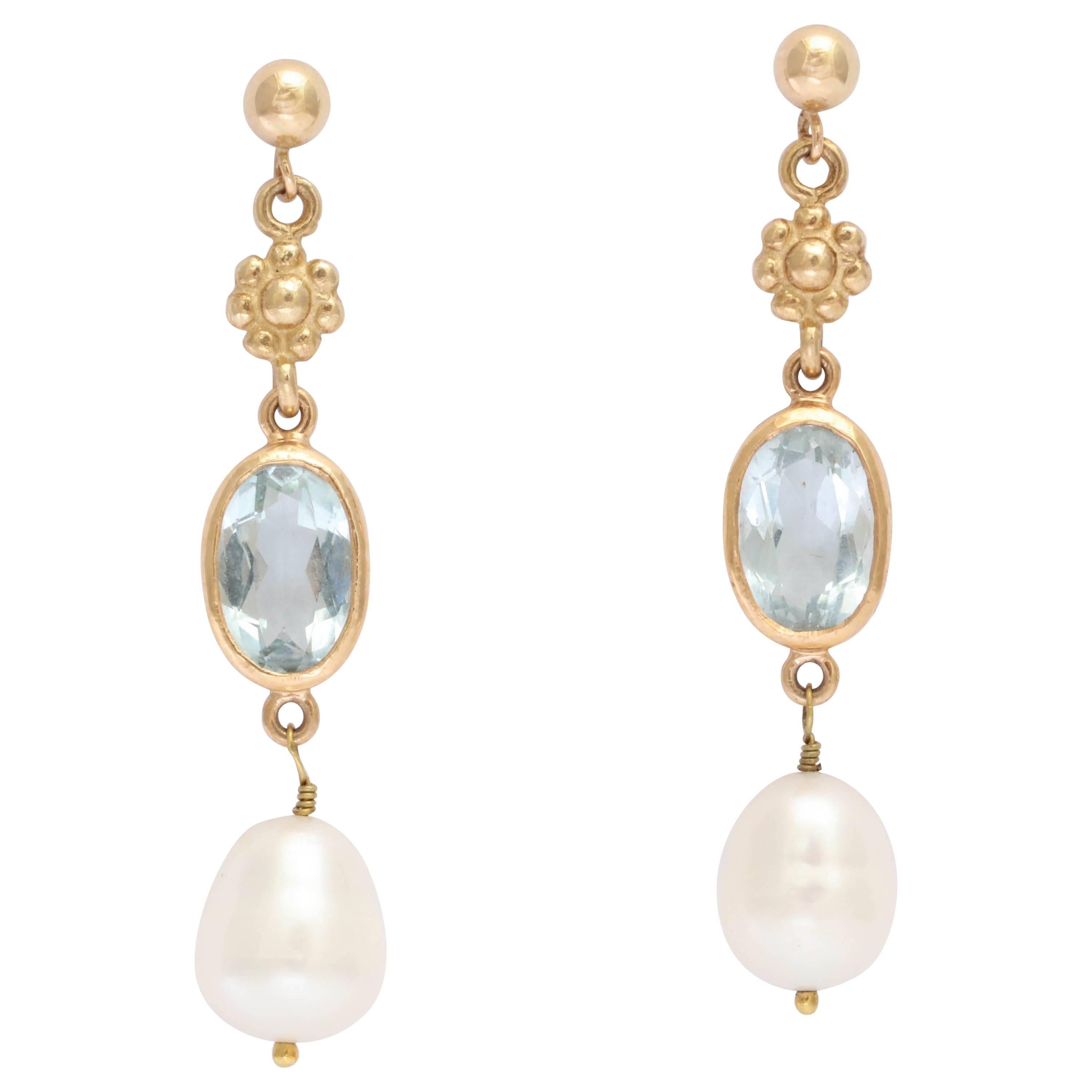 Pearl Aquamarine Gold Dangle Earrings For Sale