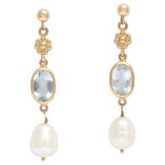 Pearl Aquamarine Gold Dangle Earrings